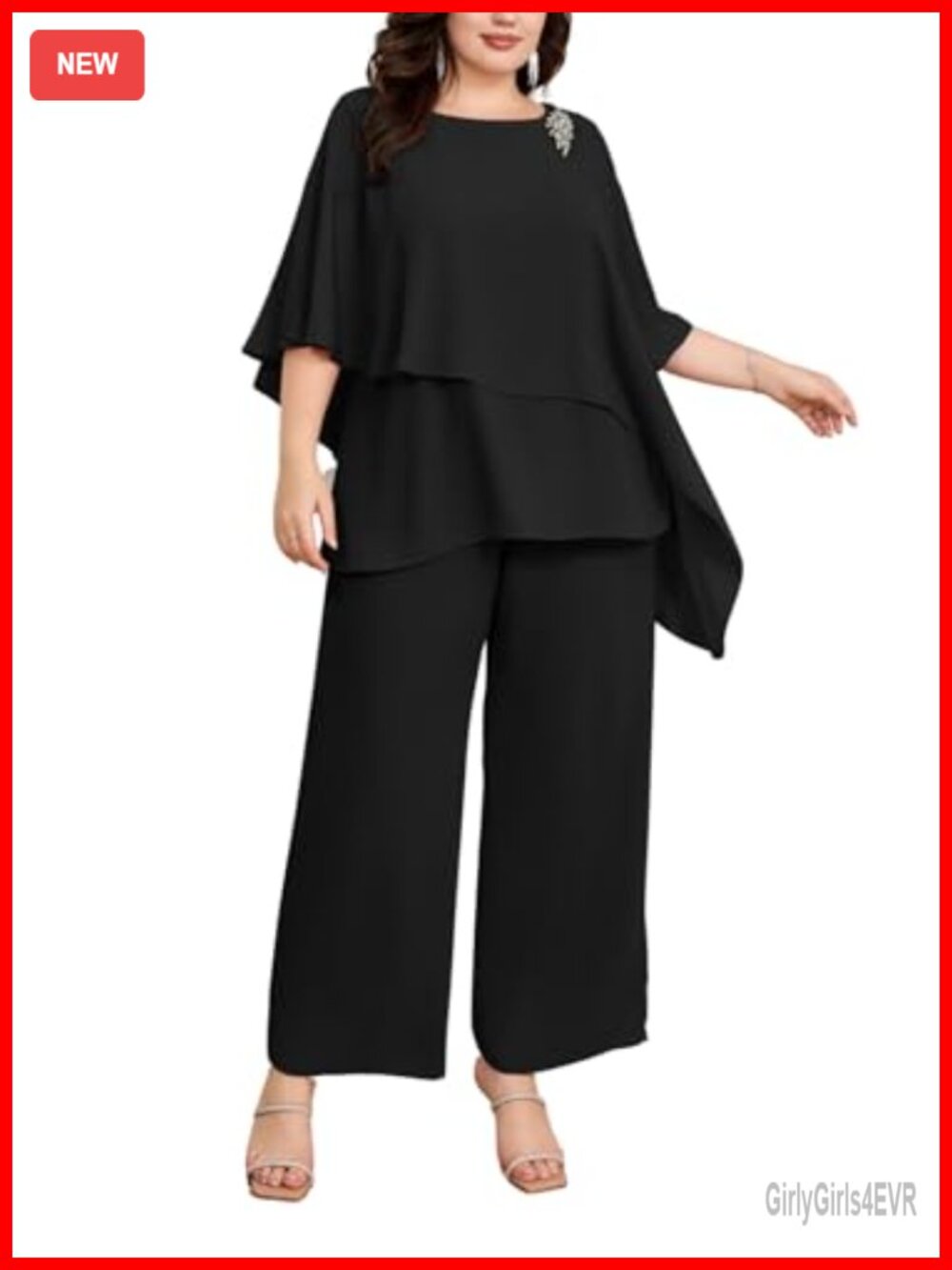 Plus Size Chiffon Pant Suit Set Cape Sleeve Mother of Bride Wedding Guest